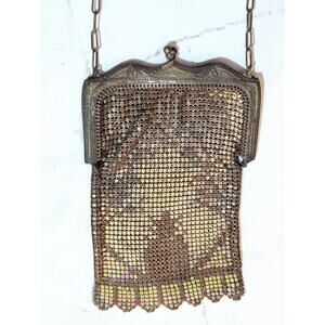 Vtg Antique Art Nouveau Gold Silver French Mesh Link Micro Bead Fringe Bag Purse